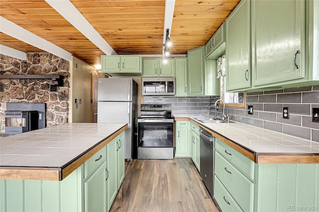 64 Elk Horn Ct, Bailey, CO 80421 - kitchen featuring green cabinets, a fireplace, tasteful backsplash, appliances with stainless steel finishes, and a sink