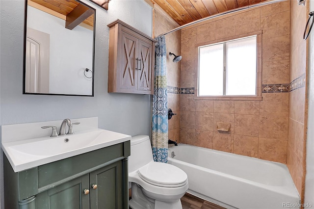 64 Elk Horn Ct, Bailey, CO 80421 - bathroom featuring shower / bath combination with curtain, toilet, wood ceiling, and vanity