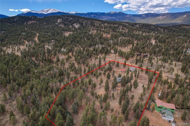 64 Elk Horn Ct, Bailey, CO 80421 - birds eye view of property featuring a mountain view and a view of trees