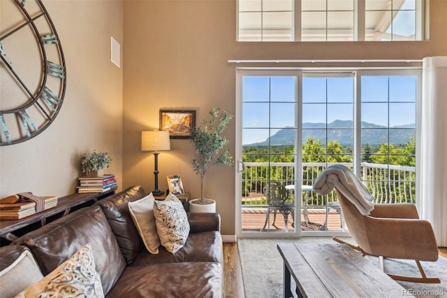 248 Writers Way, Colorado Springs, CO 80903 - living room with a mountain view, a high ceiling, and wood finished floors