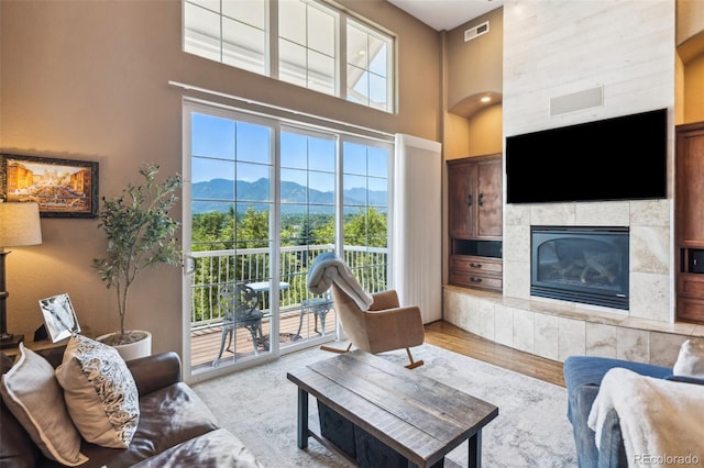 248 Writers Way, Colorado Springs, CO 80903 - living area featuring a towering ceiling, a fireplace, and wood finished floors
