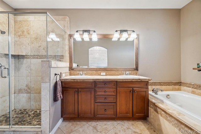 248 Writers Way, Colorado Springs, CO 80903 - full bath with a stall shower, a garden tub, double vanity, and tile patterned flooring