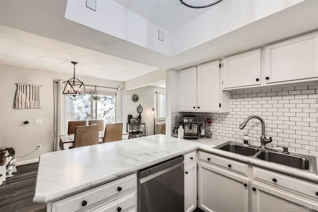 kitchen with white cabinets, sink, backsplash, a notable chandelier, and stainless steel dishwasher