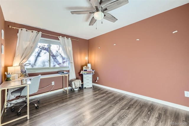 office space featuring ceiling fan and wood-type flooring