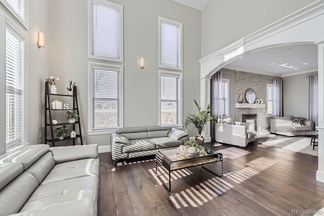 living room with hardwood / wood-style flooring, plenty of natural light, crown molding, and a stone fireplace