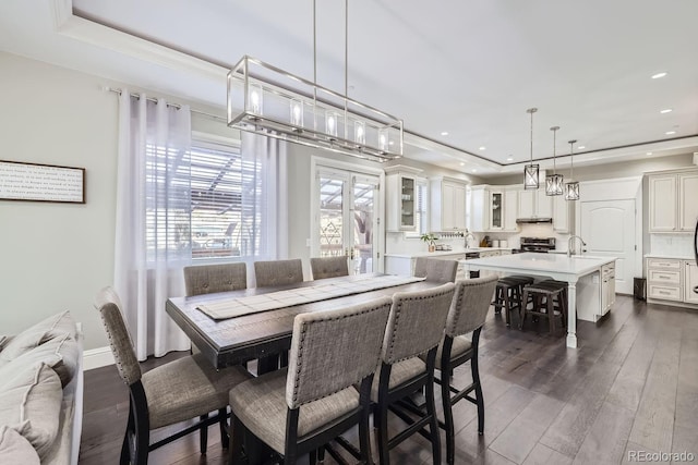 dining area with sink, dark hardwood / wood-style floors, a tray ceiling, and french doors