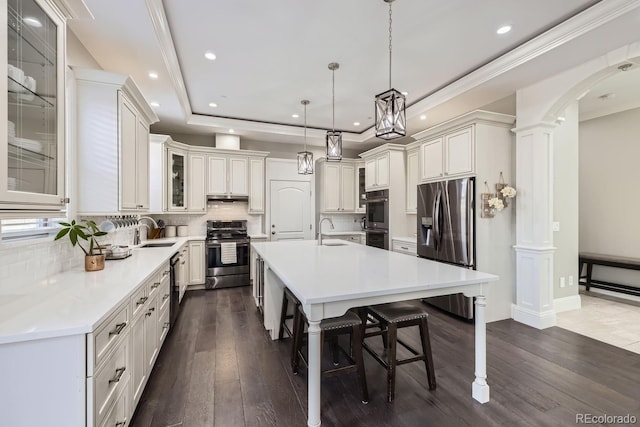 kitchen featuring pendant lighting, appliances with stainless steel finishes, sink, a raised ceiling, and a center island with sink