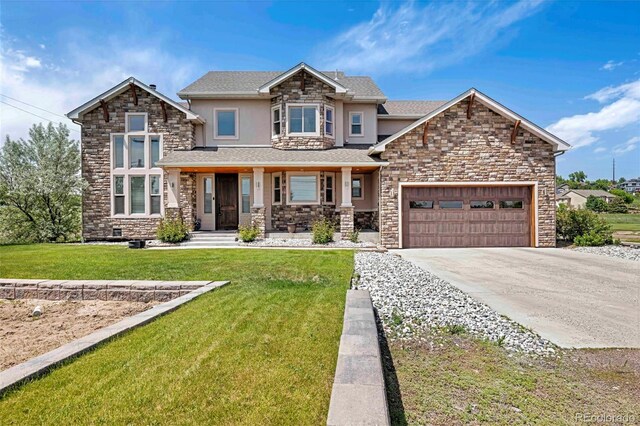 7587 Wright Ct, Arvada, CO 80005 - craftsman-style home with stone siding, stucco siding, a porch, a garage, and concrete driveway