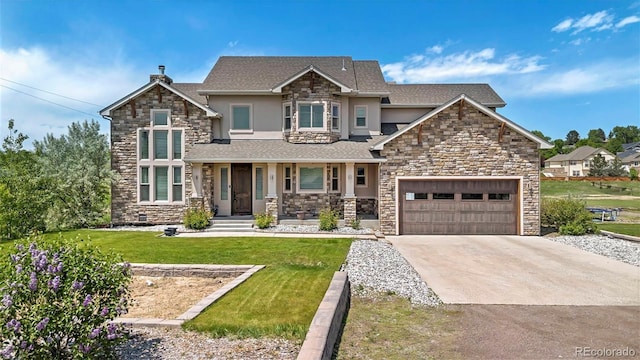 7587 Wright Ct, Arvada, CO 80005 - craftsman house featuring stone siding, stucco siding, covered porch, concrete driveway, and a front lawn