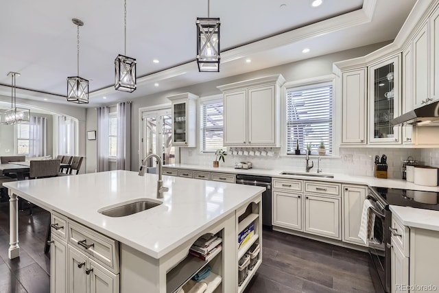 7587 Wright Ct, Arvada, CO 80005 - kitchen featuring a sink, range with electric stovetop, a raised ceiling, decorative backsplash, and recessed lighting