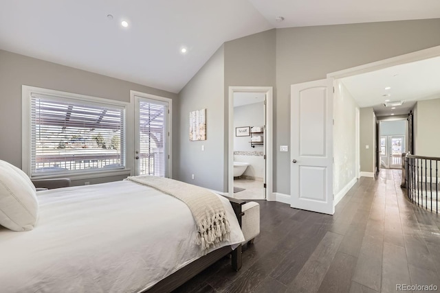 7587 Wright Ct, Arvada, CO 80005 - bedroom featuring lofted ceiling, dark wood-type flooring, access to exterior, baseboards, and ensuite bathroom