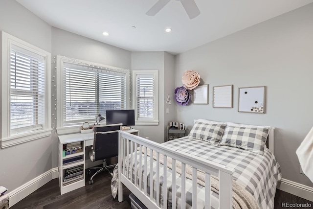 7587 Wright Ct, Arvada, CO 80005 - bedroom with multiple windows, dark wood-style flooring, baseboards, ceiling fan, and recessed lighting