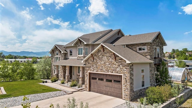 7587 Wright Ct, Arvada, CO 80005 - craftsman inspired home featuring stone siding, driveway, a front lawn, stucco siding, and a greenhouse