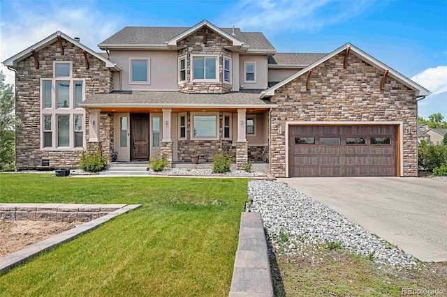 7587 Wright Ct, Arvada, CO 80005 - craftsman house featuring stucco siding, stone siding, concrete driveway, a front lawn, and an attached garage