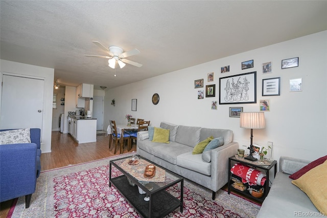 living room featuring ceiling fan and wood finished floors