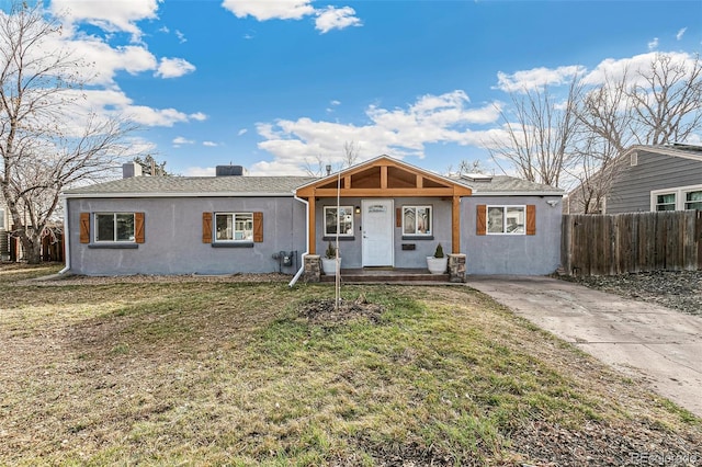 ranch-style home featuring stucco siding, a front yard, and fence