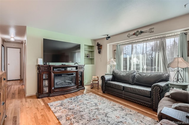 living room featuring hardwood / wood-style flooring and built in features