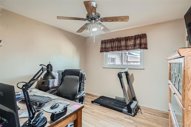 home office with ceiling fan and light wood-type flooring