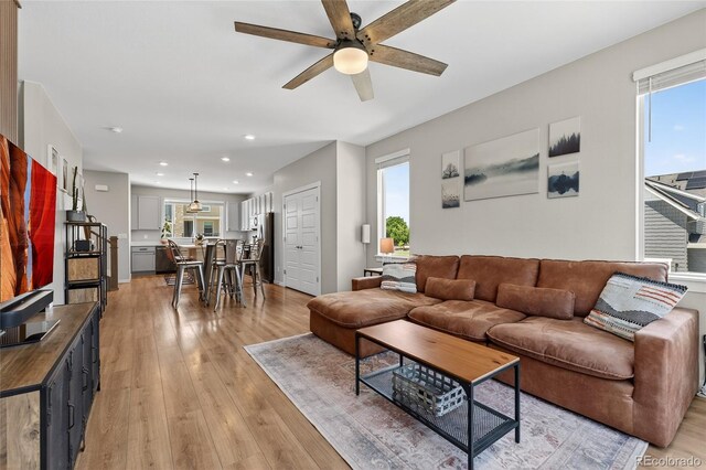 5396 Quail St, Wheat Ridge, CO 80033 - living room featuring ceiling fan, light wood-type flooring, and recessed lighting