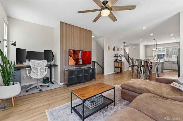 5396 Quail St, Wheat Ridge, CO 80033 - living area with ceiling fan, light wood finished floors, recessed lighting, and a desk