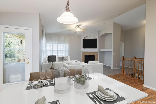 dining area with plenty of natural light, ceiling fan, and wood-type flooring