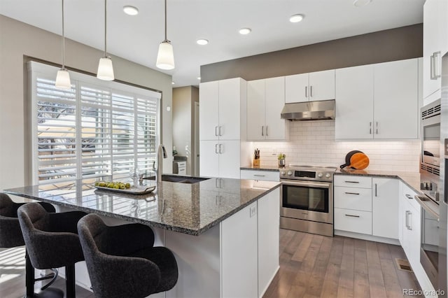 kitchen with a breakfast bar, decorative light fixtures, stainless steel appliances, under cabinet range hood, and a sink