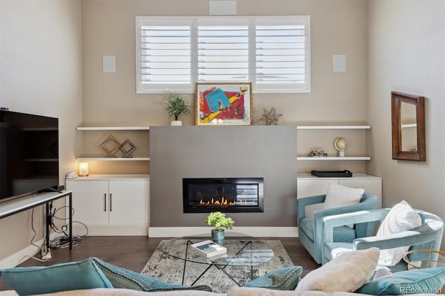 living room with wood finished floors, plenty of natural light, and a glass covered fireplace