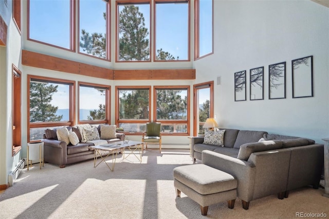 living room with light carpet and a high ceiling