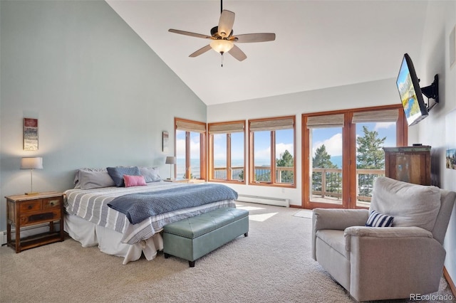 bedroom featuring light colored carpet, high vaulted ceiling, ceiling fan, and a baseboard radiator