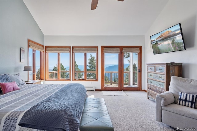 12421 High Country Trl, Littleton, CO 80127 - bedroom featuring lofted ceiling, a baseboard radiator, access to outside, carpet, and a ceiling fan