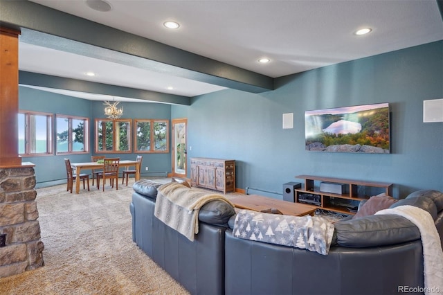 12421 High Country Trl, Littleton, CO 80127 - living area with recessed lighting, a chandelier, carpet flooring, a baseboard heating unit, and baseboards