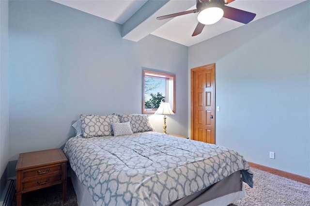 bedroom featuring beam ceiling, ceiling fan, and a baseboard radiator