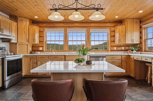 kitchen with recessed lighting, appliances with stainless steel finishes, wood ceiling, and log walls