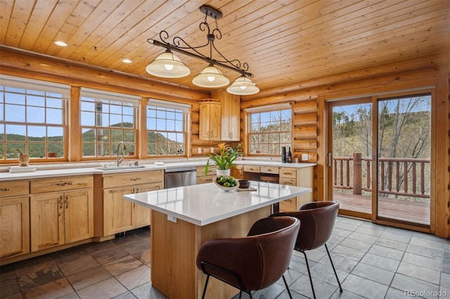 kitchen featuring log walls, light countertops, wooden ceiling, a sink, and dishwasher
