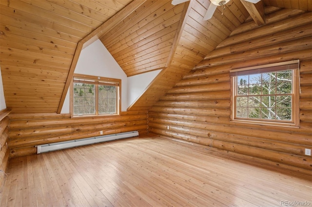 additional living space featuring a healthy amount of sunlight, a baseboard radiator, wood-type flooring, and a ceiling fan