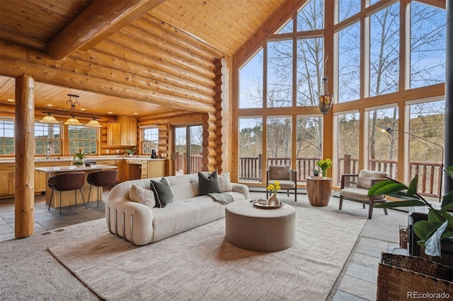 living room featuring high vaulted ceiling, plenty of natural light, and wood ceiling
