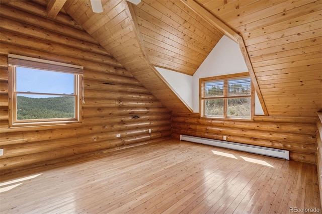 bonus room featuring hardwood / wood-style floors, plenty of natural light, log walls, and a baseboard radiator