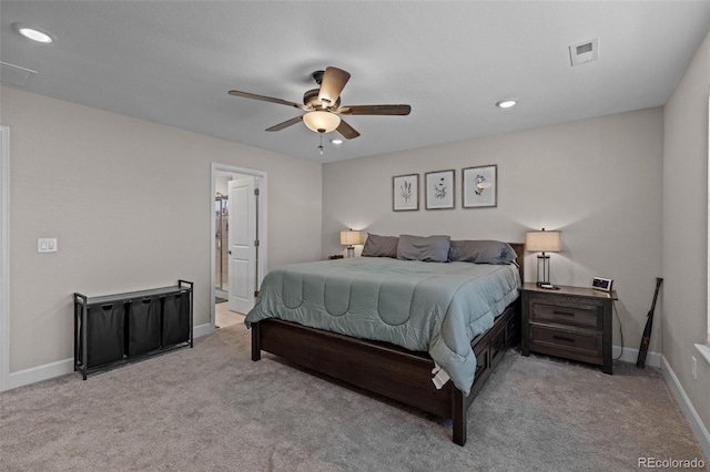 379 Silver Rock Trl, Castle Rock, CO 80104 - bedroom with carpet flooring, recessed lighting, a ceiling fan, and connected bathroom
