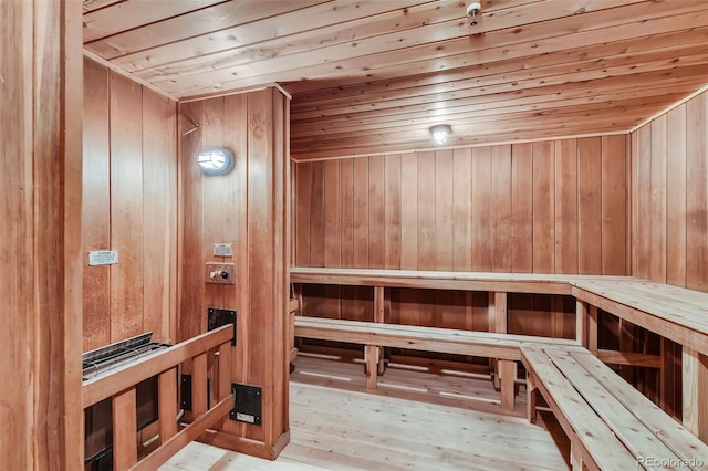 1551 Larimer St Unit 703, Denver, CO 80202 - relaxing sauna featuring wooden ceiling, wood walls, and hardwood / wood-style flooring