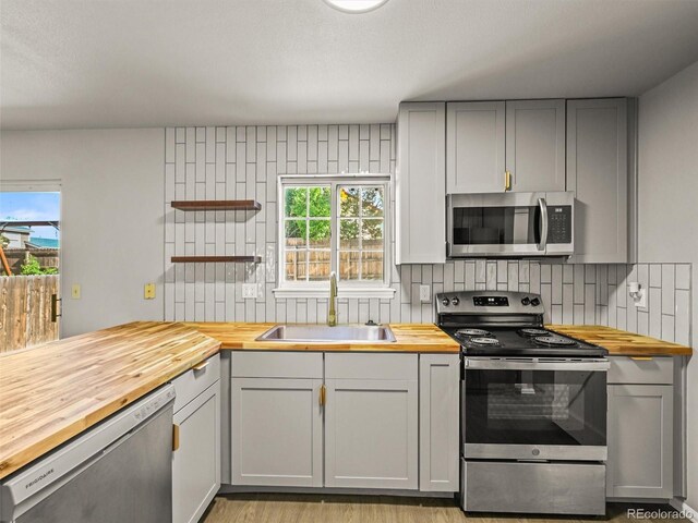 3535 Beechwood Ct, Colorado Springs, CO 80918 - kitchen with butcher block counters, appliances with stainless steel finishes, a sink, and backsplash