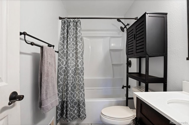 full bathroom with shower / bathtub combination with curtain, vanity, and toilet