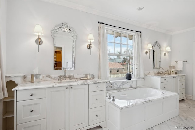 bathroom featuring ornamental molding, two vanities, a sink, marble finish floor, and a bath