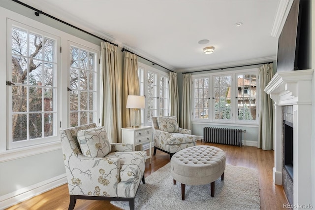 living area with baseboards, radiator, wood finished floors, crown molding, and a fireplace