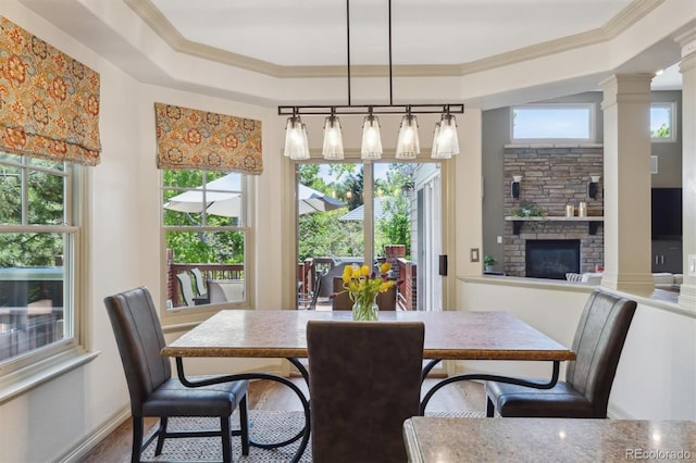 9880 E Progress Cir, Greenwood Village, CO 80111 - dining area featuring wood finished floors, crown molding, a tray ceiling, a stone fireplace, and healthy amount of natural light