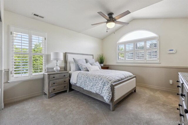 9880 E Progress Cir, Greenwood Village, CO 80111 - bedroom with carpet floors, vaulted ceiling, baseboards, and ceiling fan