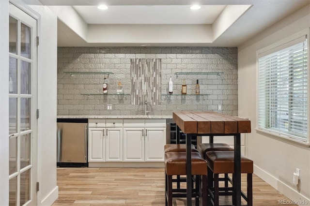 9880 E Progress Cir, Greenwood Village, CO 80111 - indoor wet bar featuring refrigerator, decorative backsplash, plenty of natural light, and light wood finished floors