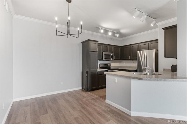 kitchen featuring sink, dark brown cabinetry, stainless steel appliances, and light hardwood / wood-style flooring