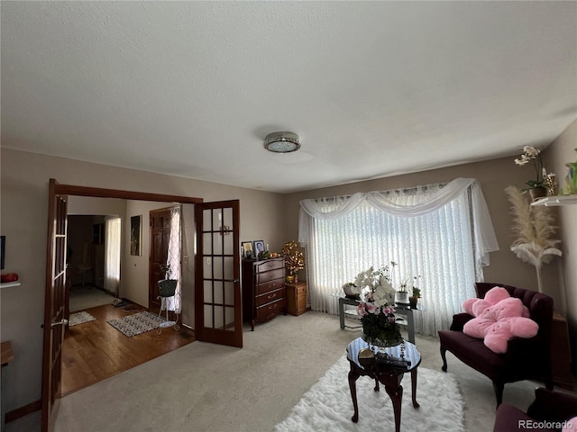 living area featuring french doors, a textured ceiling, and light hardwood / wood-style flooring