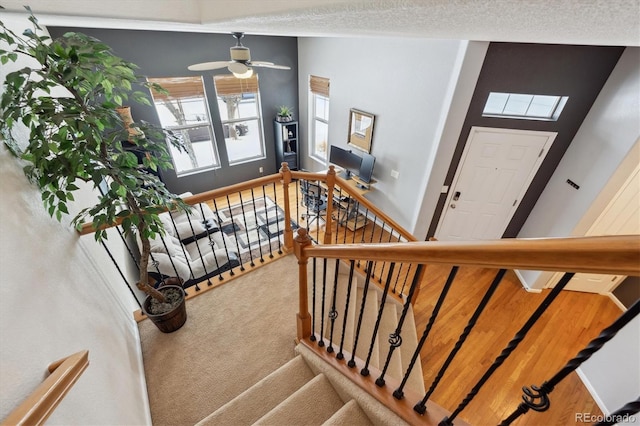 stairway featuring ceiling fan, a textured ceiling, and carpet flooring