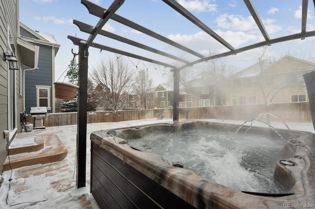 view of swimming pool featuring area for grilling, a hot tub, and a pergola